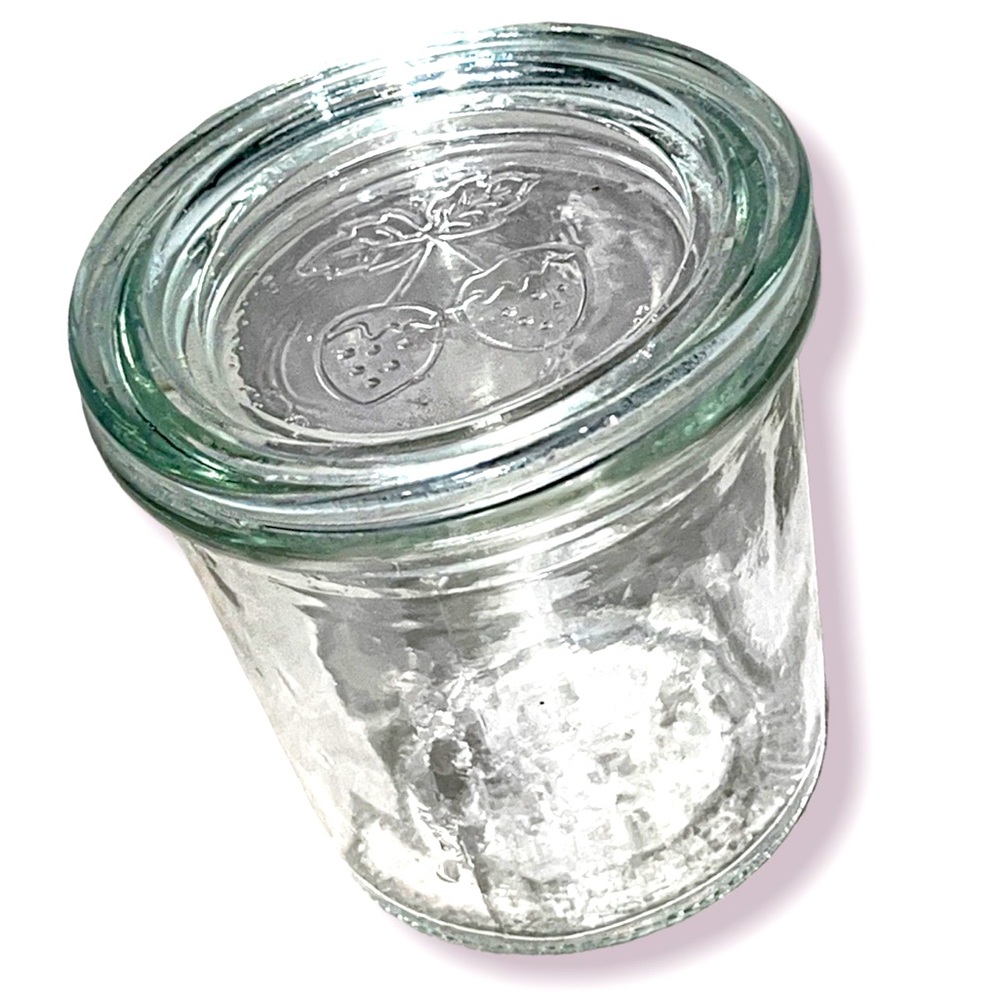 Rare vintage clear glass strawberry jam jar with lid